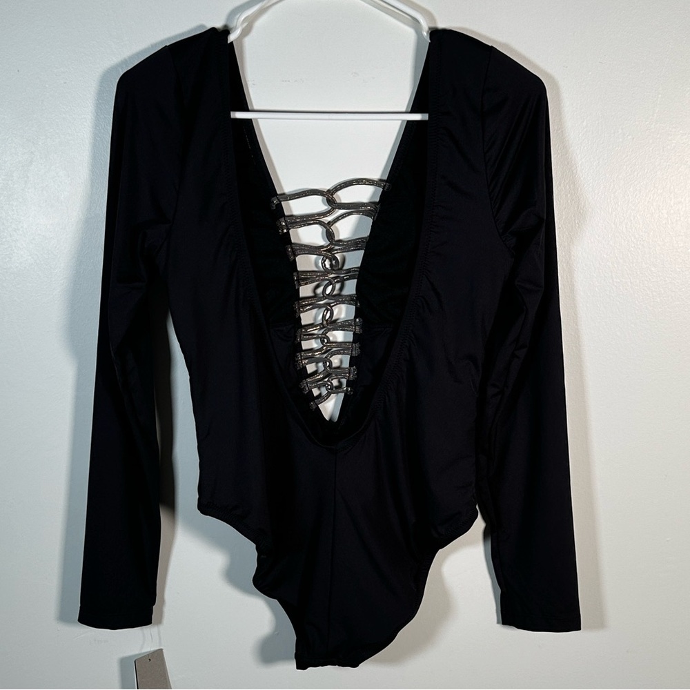 Kenneth Cole One-Piece Swimsuit Plunging Lace-Up Front Long-Sleeve Size L Black - Picture 11 of 14